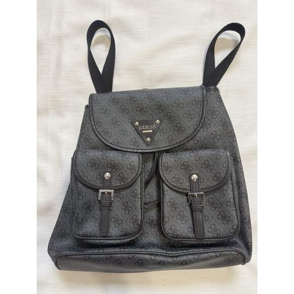Guess Women’s Double Front Pocket Logo Backpack Handbag In Black/Gray - Picture 2 of 8